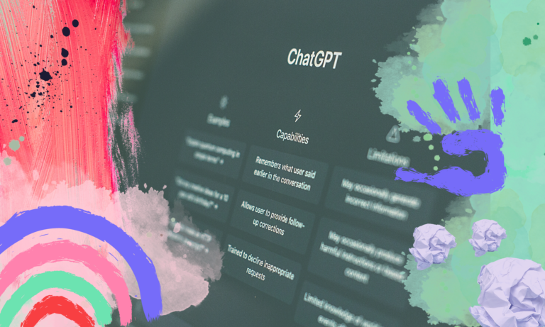 Una schermata di chatgpt modificata con le impronte della creatività di bambine e bambini